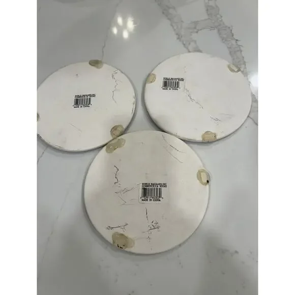 Vtg World Bazaars 3 Fruit Ceramic Glazed White Trivets Blue Rim Chinoiserie 6.5” - Picture 4 of 7